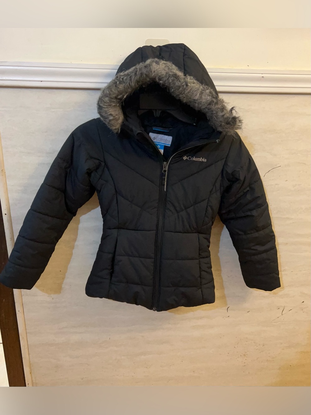 Columbia Girls' Black Katelyn Crest Hooded Puffer with Faux Fur Trim